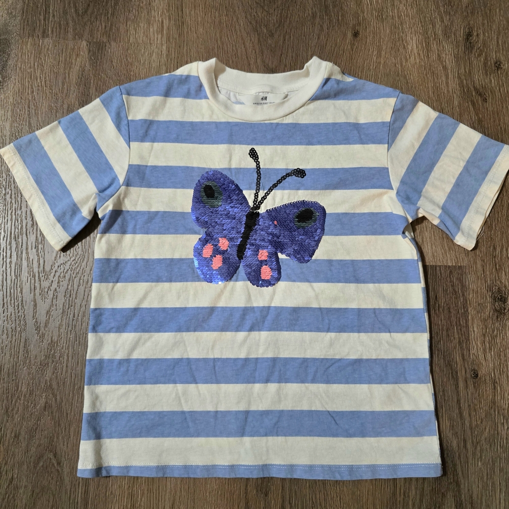 H&M Girls Sequin Butterfly StripedShort Sleeve Shirt Blue & White Size 6/7 Small